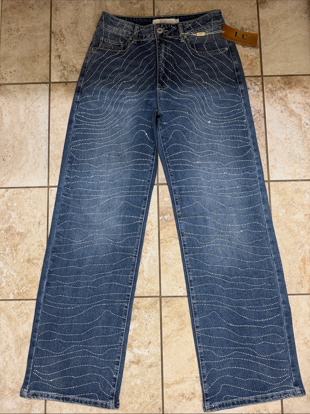 Women Blue Straight-Leg Jeans with Wave Rhinestone Detailing. Size S